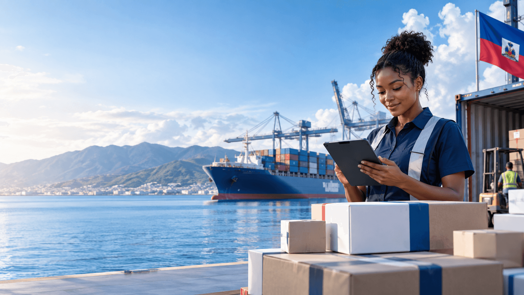 Une professionnelle de la logistique devant des colis et un navire à destination d’Haïti